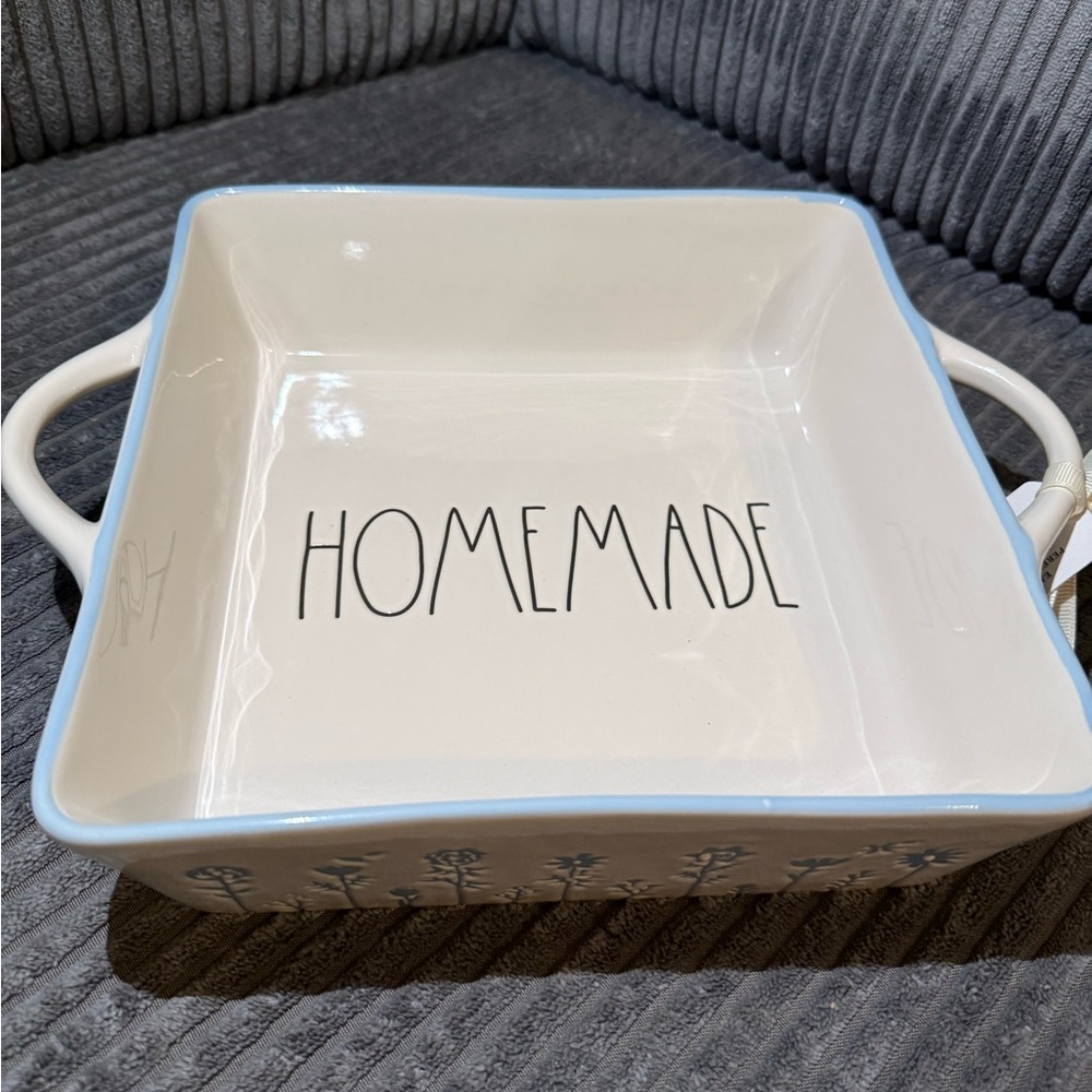 Rae Dunn ‘Homemade’ Ceramic Baking Dish- White w/ Blue Rim & Floral Pattern- NWT